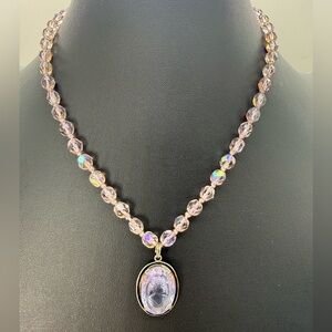 Vintage Lavender Fairy Glass Intaglio Violet Cameo Necklace iridescent AB Beaded